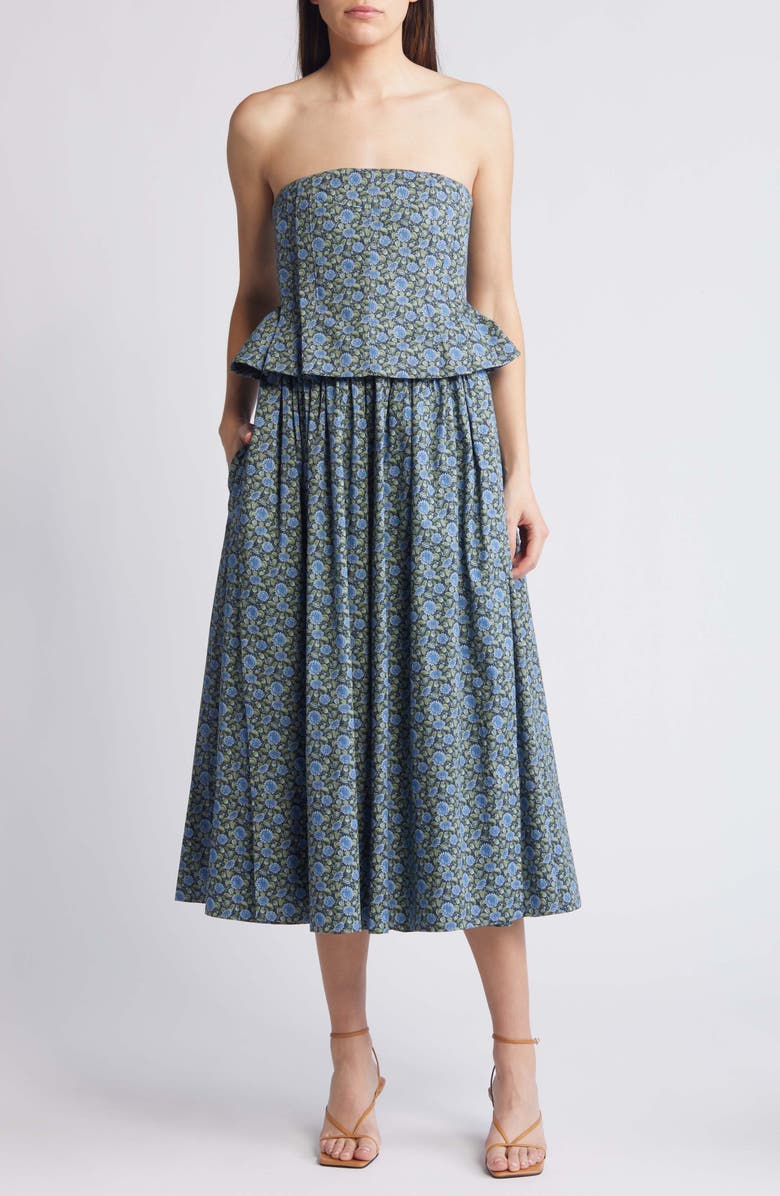 NACKIYÈ Floral Ditsy Pintuck Peplum Strapless Midi Dress, Main, color,