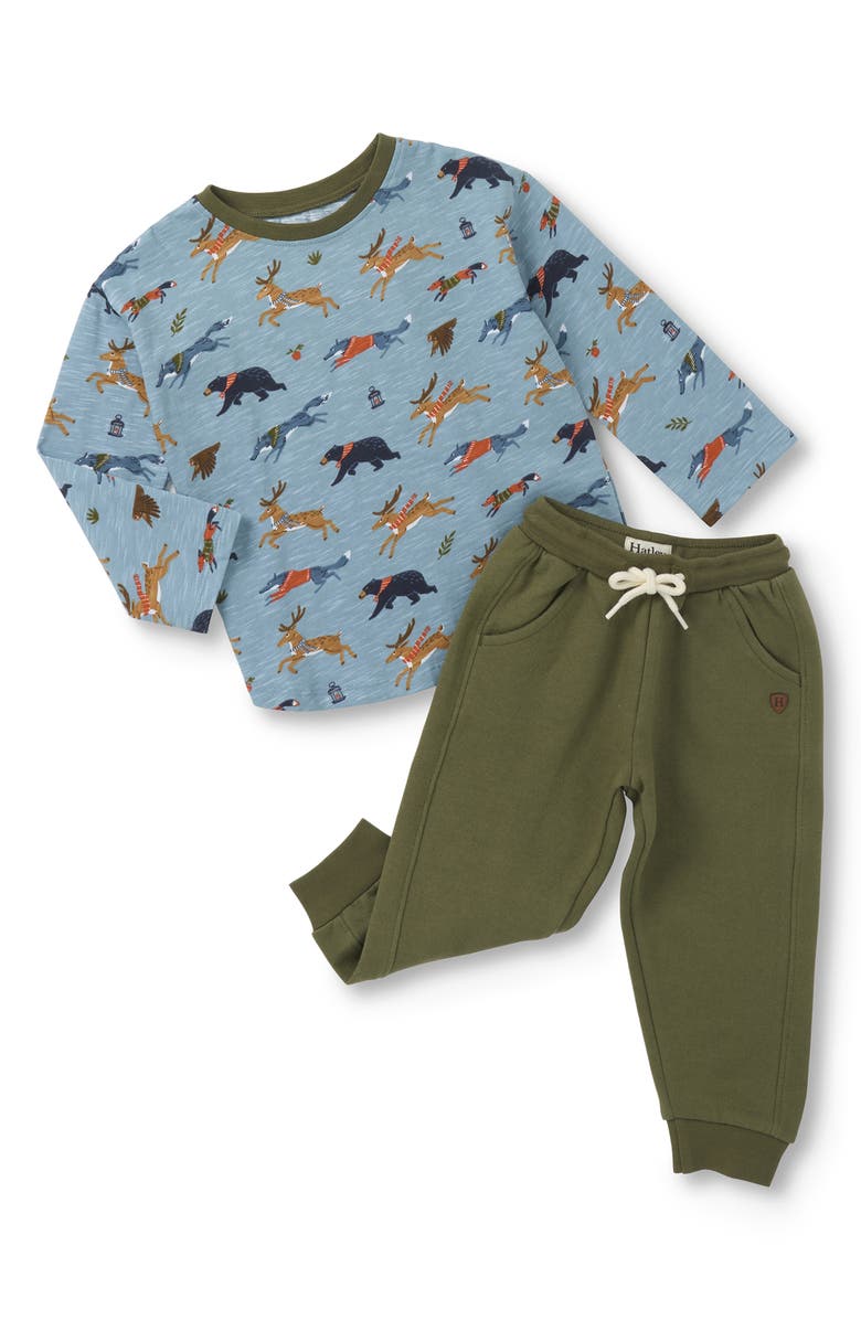 Hatley Forest Animals Slub Cotton T-Shirt & Joggers Set, Main, color, Blue Multi
