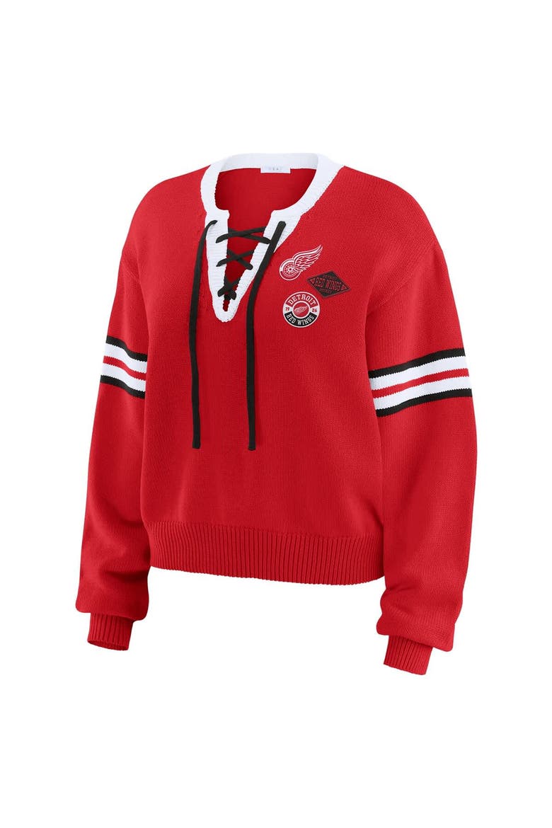 Women's WEAR by Erin Andrews  Red Detroit Red Wings Cropped Lace-Up Sweater, Alternate, color, Red