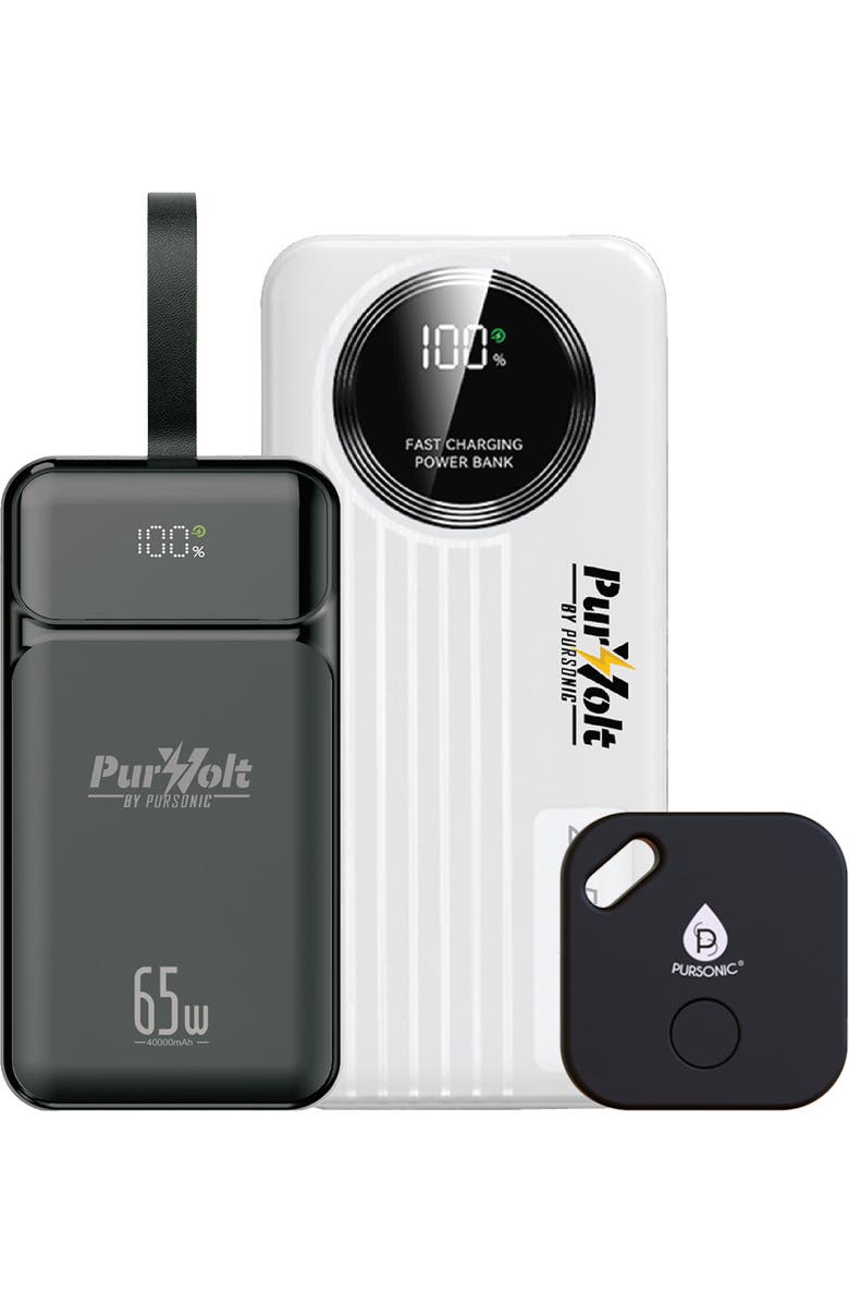 PURSONIC Power & Protection Bundle 40,000mAh Power Bank, LED Fast Charger & Smart Tracker, Main, color, Black