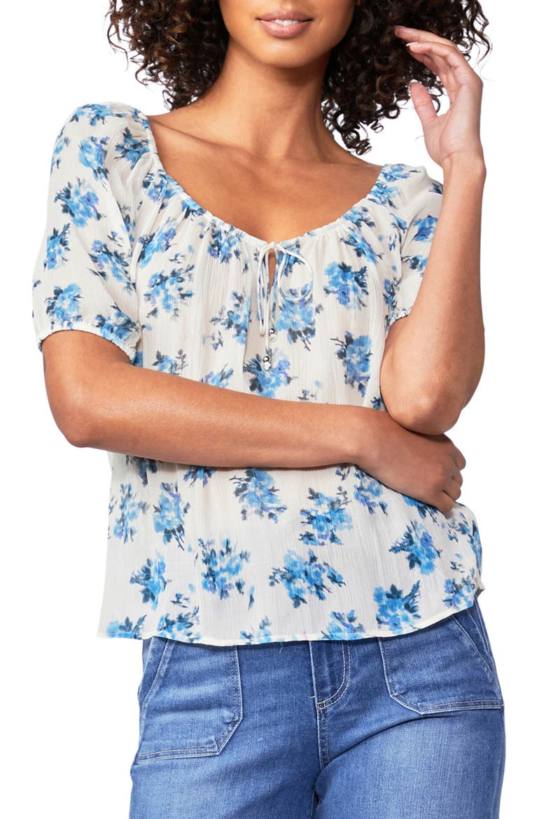 Franciska Floral Print Silk Top, Main, color, NUDE CREAM/ BLUEBELL