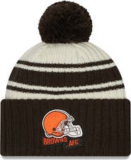 New Era Men's New Era Cream/Brown Cleveland Browns 2022 Sideline Sport Cuffed Pom Knit Hat