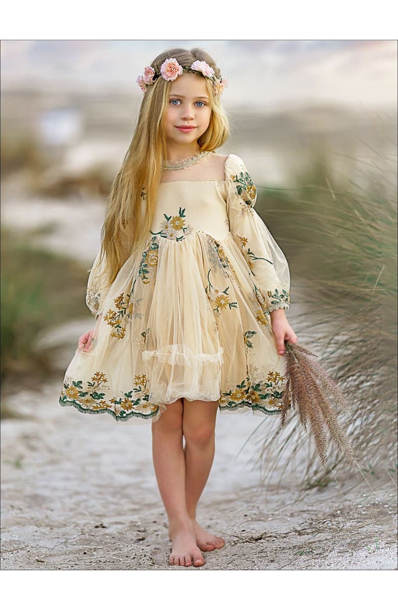 Mia Belle Girls Flower Embroidered Lace Dress, Alternate, color, Yellow