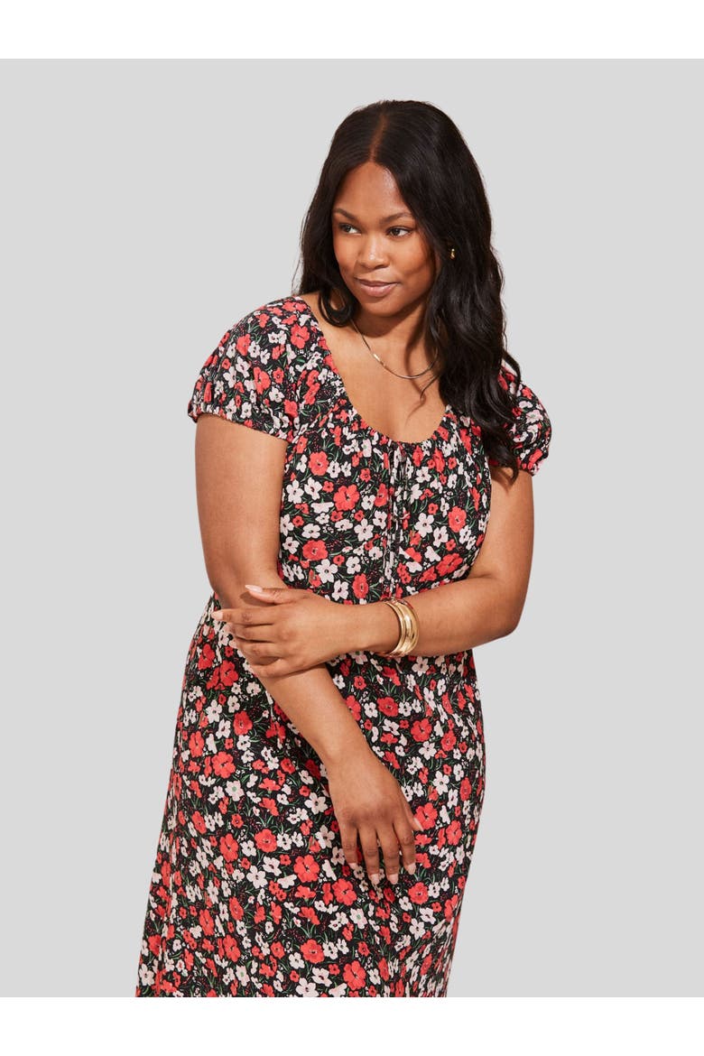 Floral Gathered Neck Midi Dress, Alternate, color, Red