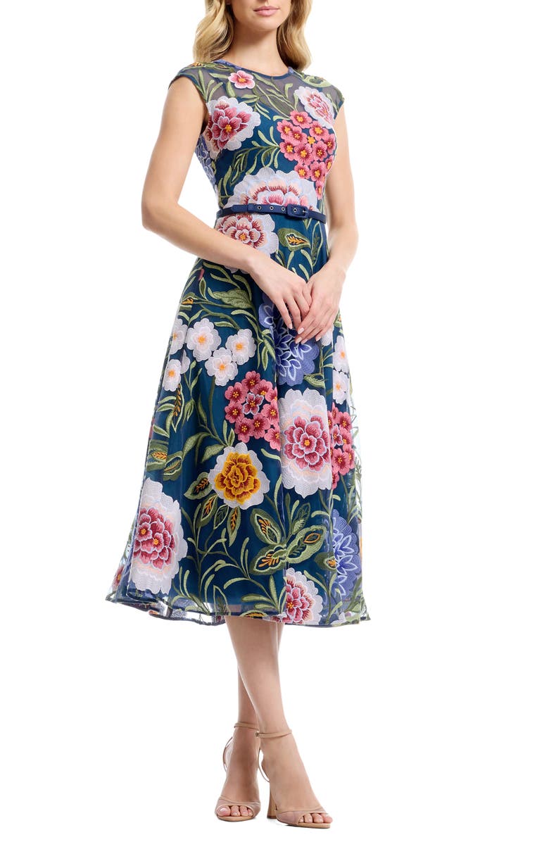Dress the Population Serenity Floral Embroidery Cocktail Midi Dress, Alternate, color, Navy Multi