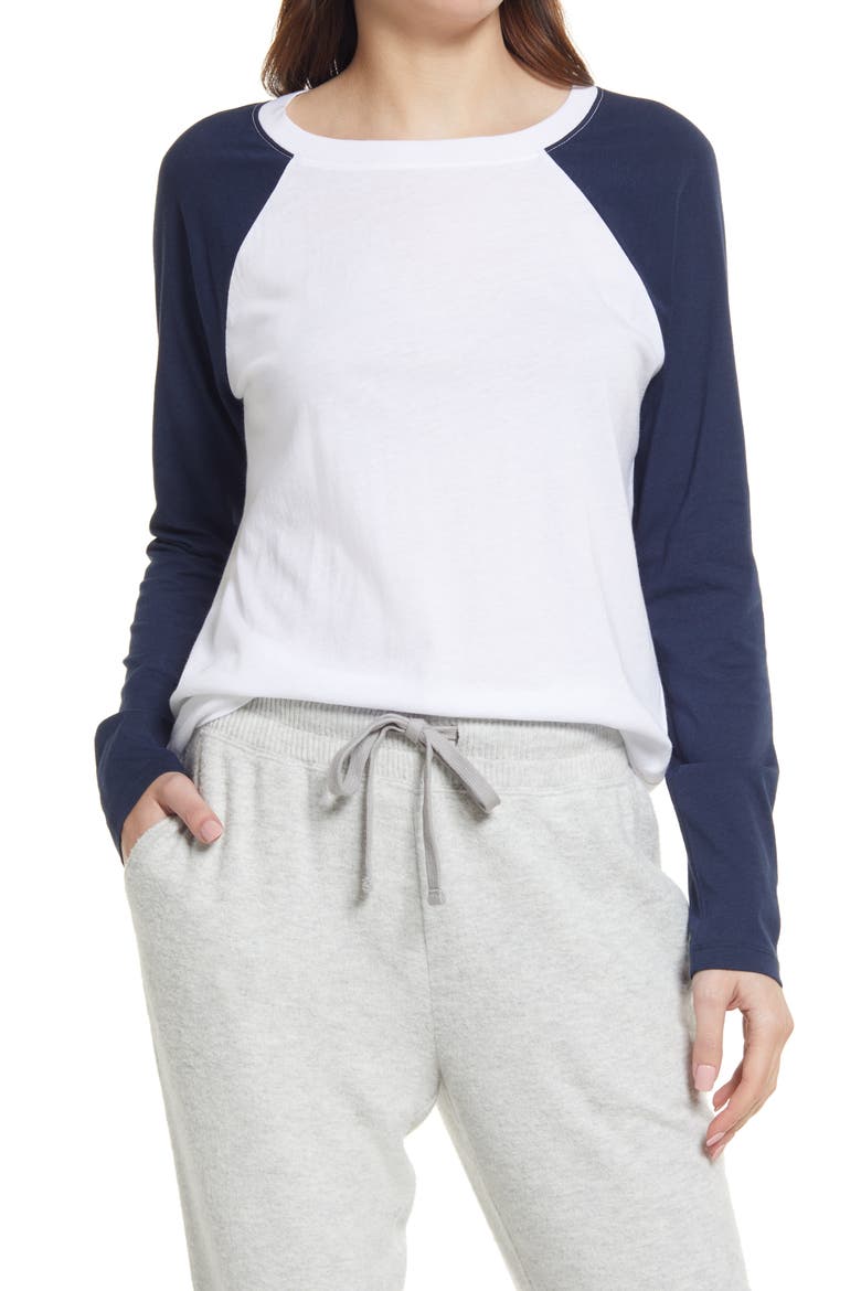 Organic Cotton Blend Long Sleeve Baseball Tee, Main, color, WHITE- NAVY BLAZER