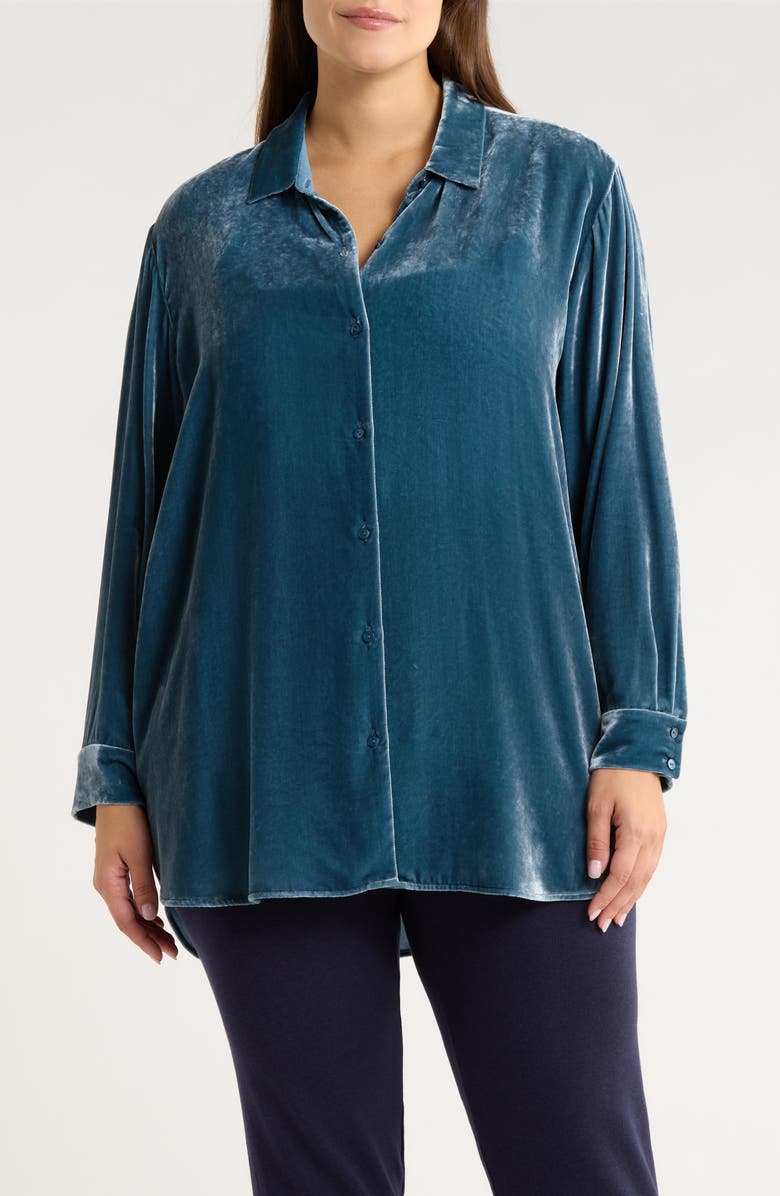 Eileen Fisher Classic Collar Velvet Button-Up Shirt, Main, color, Sea Spray