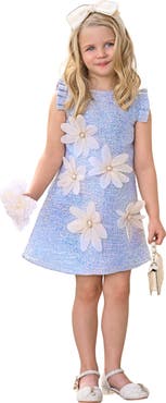 Mia Belle Girls Girls  Sequin Daisy Pearl-Accent Shift Dress