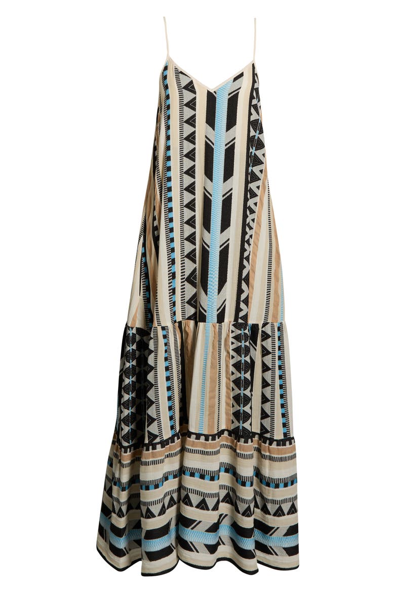 Embroidered Tiered Cotton Blend Cover-Up Maxi Dress, Alternate, color, NEUTRAL AZTEC