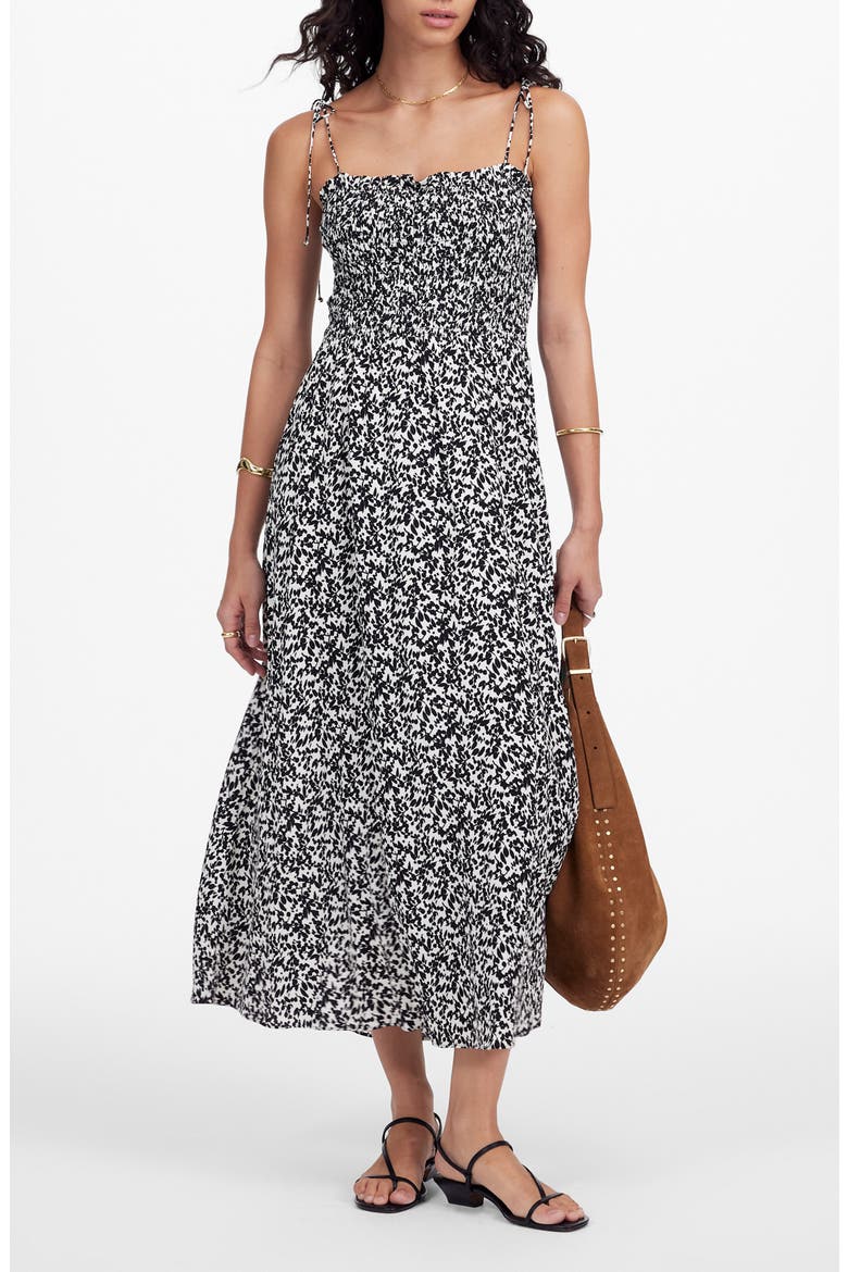 Floral Smocked Square Neck Midi Sundress, Main, color, ABSTRACT LEAF BLACK IVORY