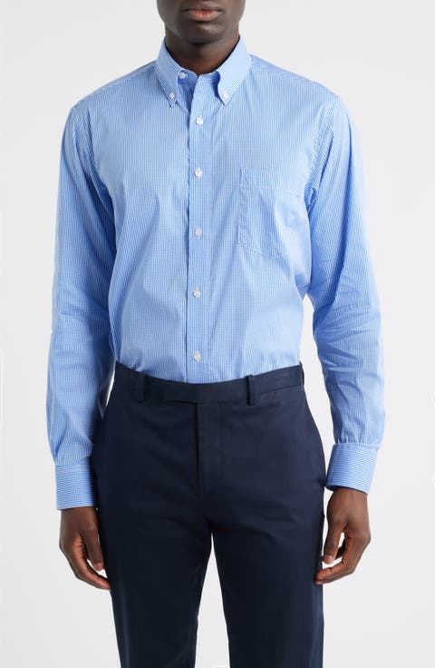 Eagle Regular Fit Blue Gingham Check Cotton Button-Down Oxford Shirt (Regular, Big & Tall)