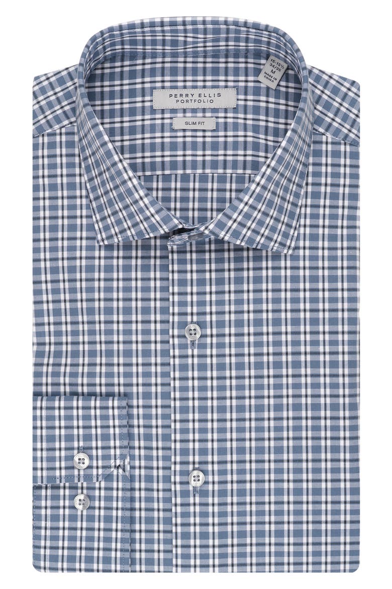 Slim Fit Plaid Dress Shirt, Main, color, DENIM