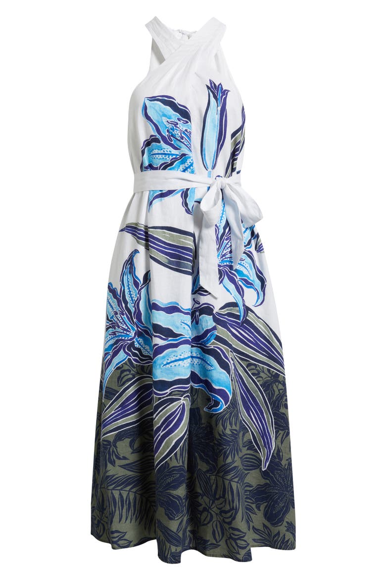 Regal Blooms Tie Waist Linen Midi Dress, Alternate, color, WHITE