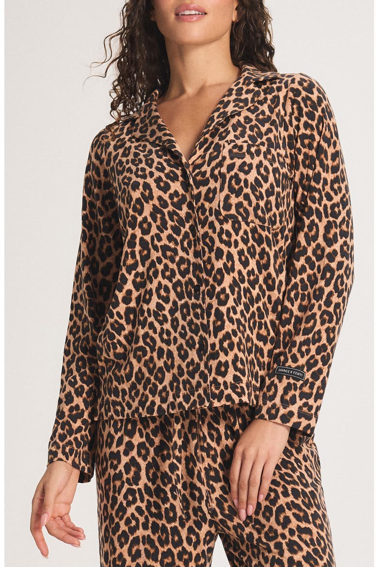 Softcore Modal Blend Pajama Button-Up Shirt, Main, color, TOFFEE TAN ON THE PROWL PRINT