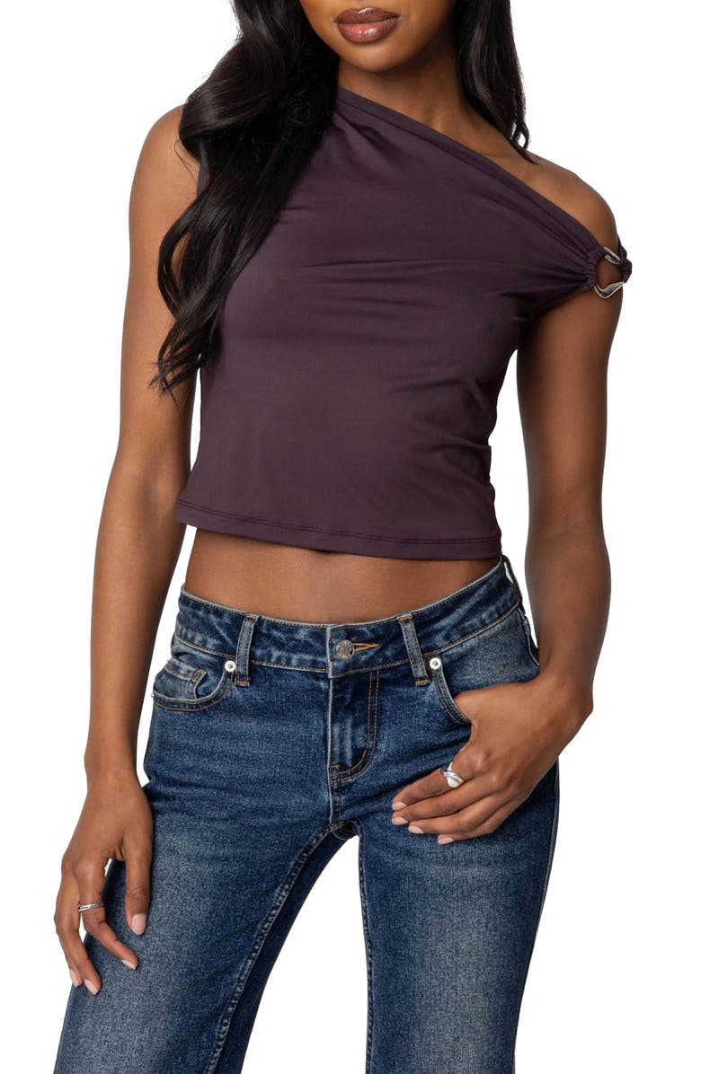 EDIKTED Metal Ring One-Shoulder Top, Main, color, Purple