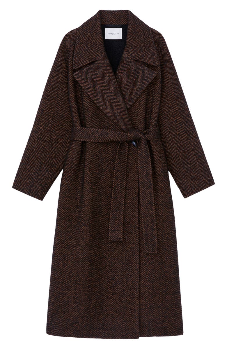 Lafayette 148 New York Wide Lapel Alpaca & Wool Blend Herringbone Wrap Coat, Alternate, color, Black/ Brown Multi