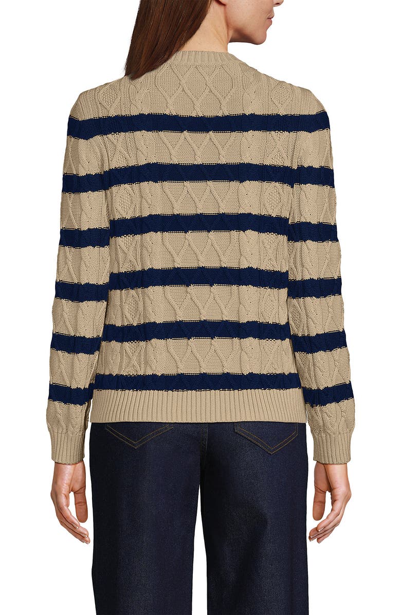 Lands' End Cotton Drifter Crew Cable Pullover Sweater, Alternate, color, Champagne/Deep Sea Gulf Stripe