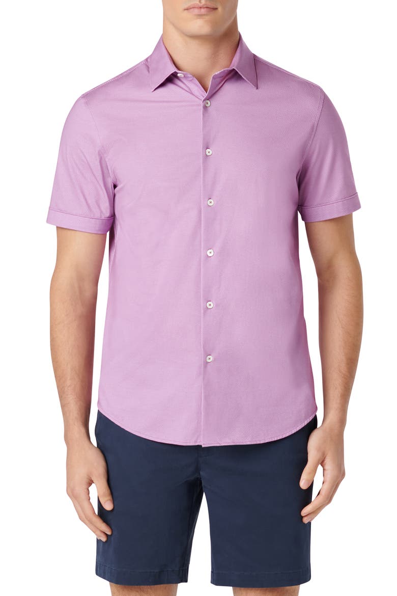 Miles OoohCotton® Pinstripe Short Sleeve Button-Up Shirt, Main, color, PLUM