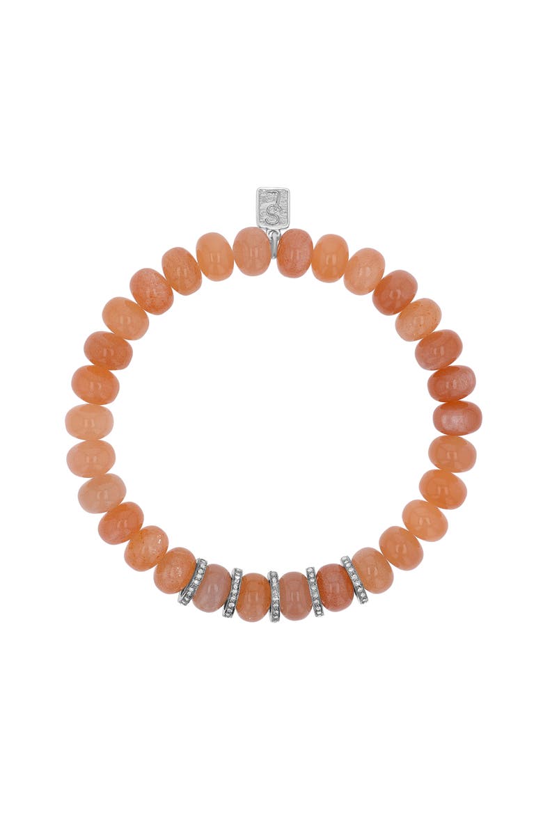 Peach Moonstone 8MM Bead Bracelet With 5 Diamond Rondelles, Alternate, color, Peach / Sterling Silver