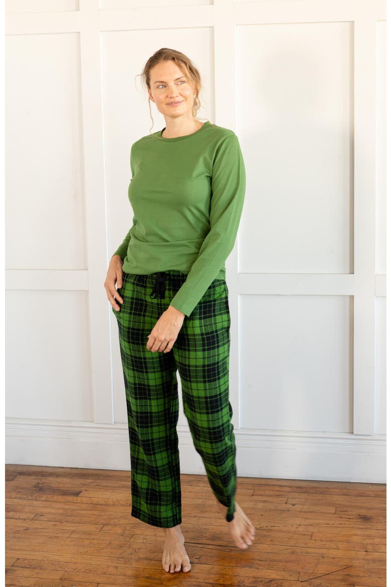 Women's Cotton Top & Flannel Pants Printed Holiday Pajama Set, Alternate, color, Plaid Black & Green