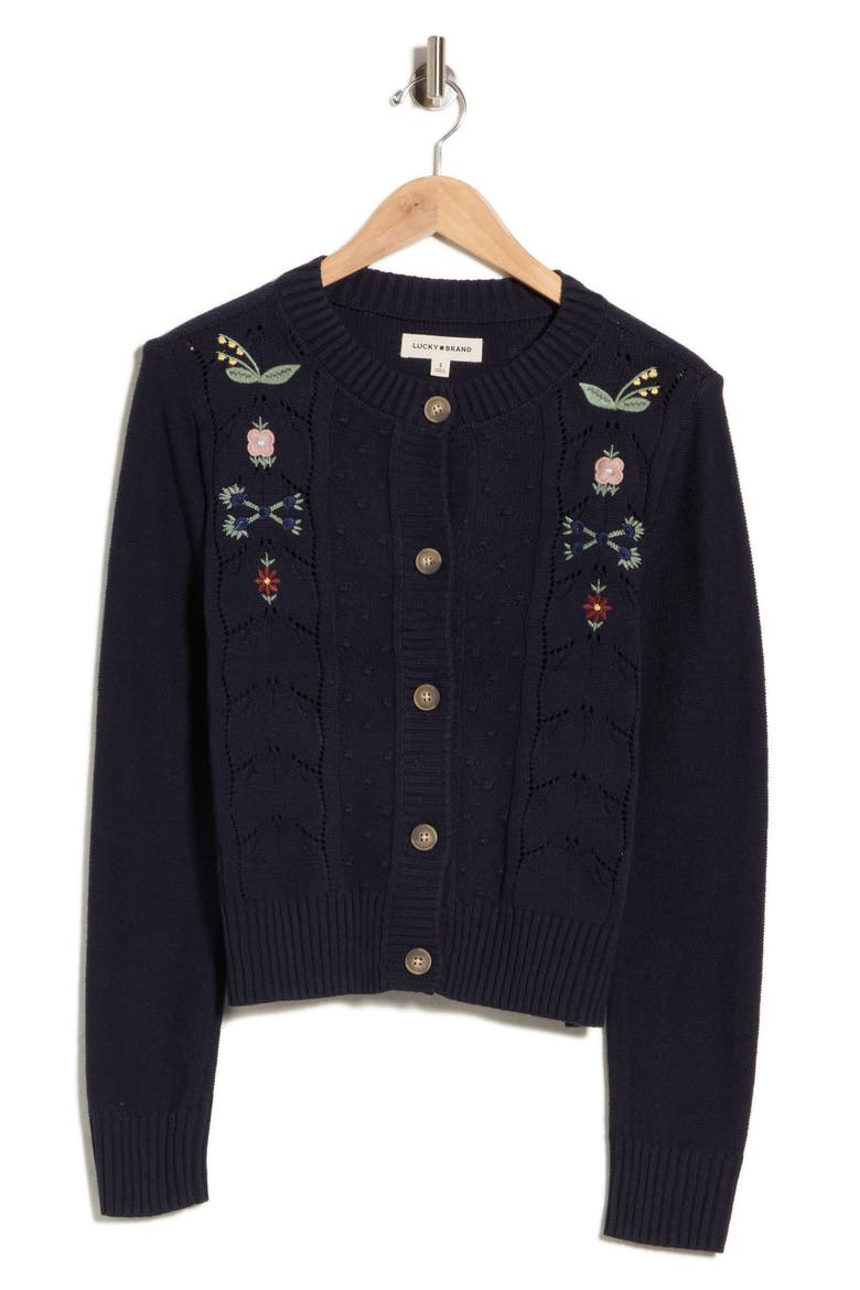 Floral Embroidered Pointelle Cardigan, Alternate, color, BLACK IRIS