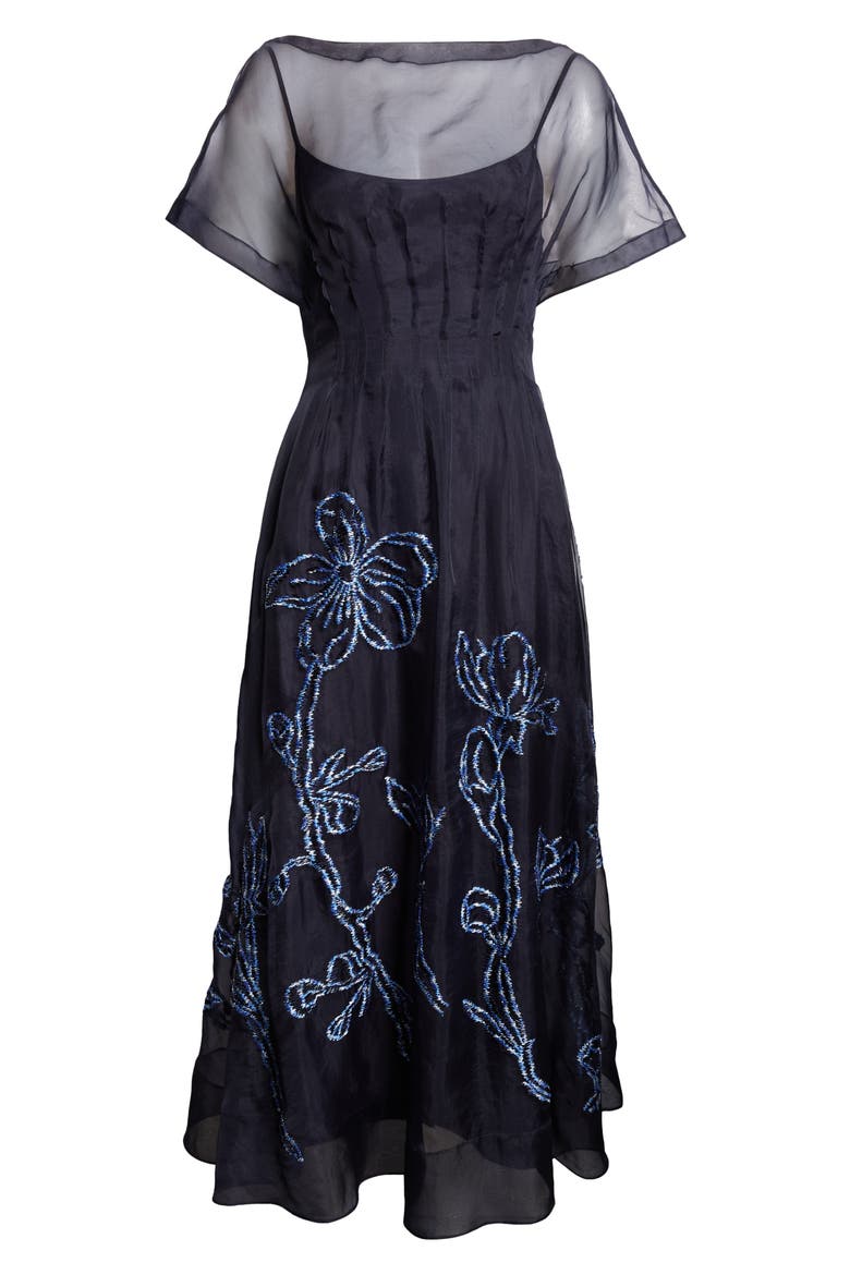 Ikat Floral Embroidered Silk Organza Dress, Alternate, color, NAVY/ BLUE