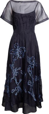 Lela Rose Ikat Floral Embroidered Silk Organza Dress