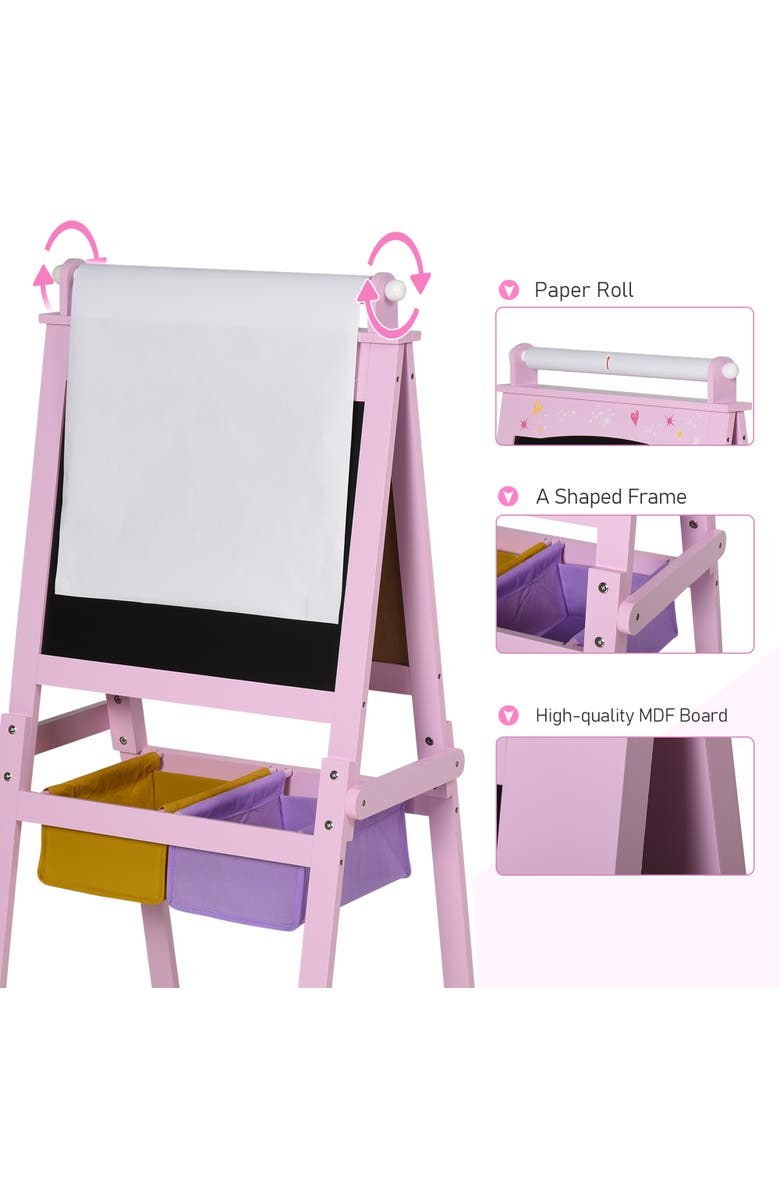 Qaba 3-in-1 Kids Wooden Art Easel, Paper Roll, Double-Sided Chalkboard & Whiteboard, Storage, Alternate, color, Pink
