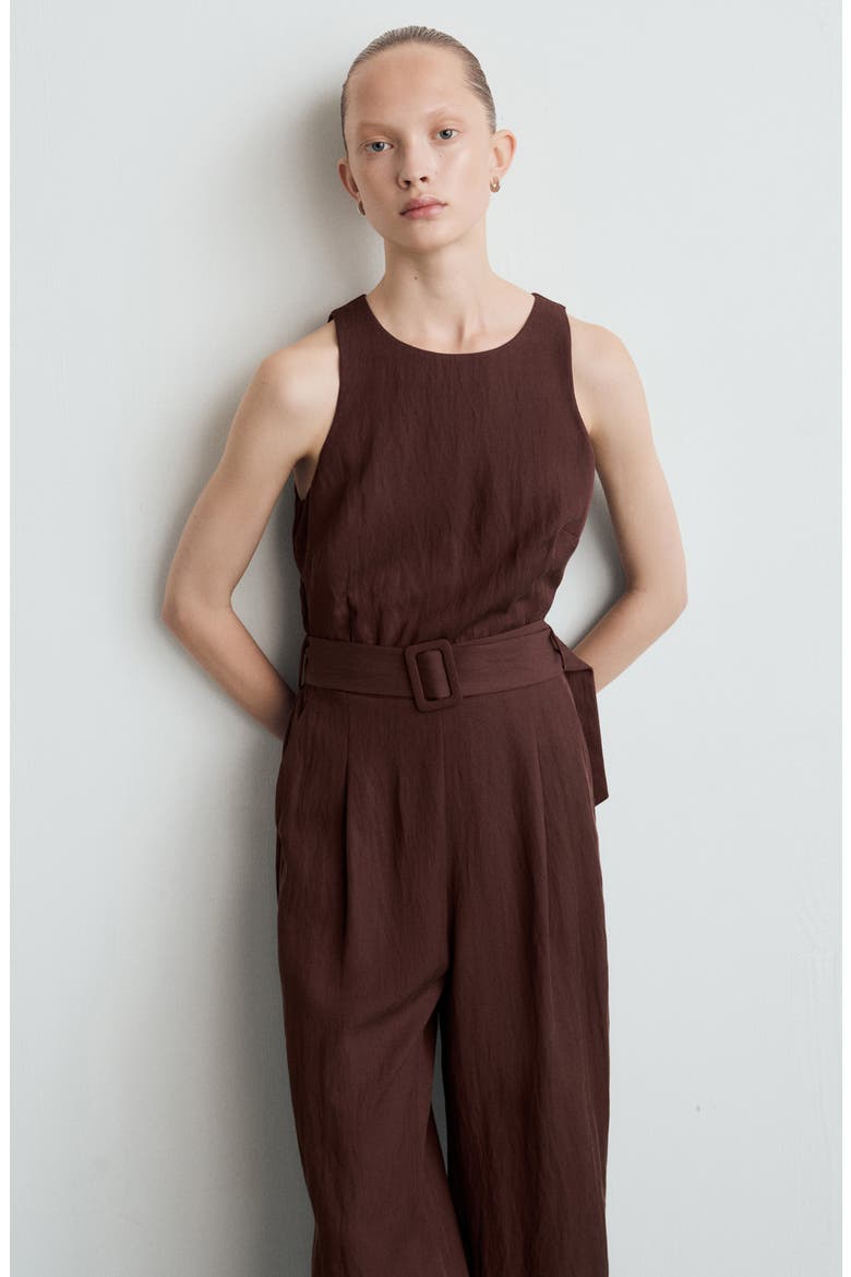 Sleeveless Belted Jumpsuit, Alternate, color, BROWN