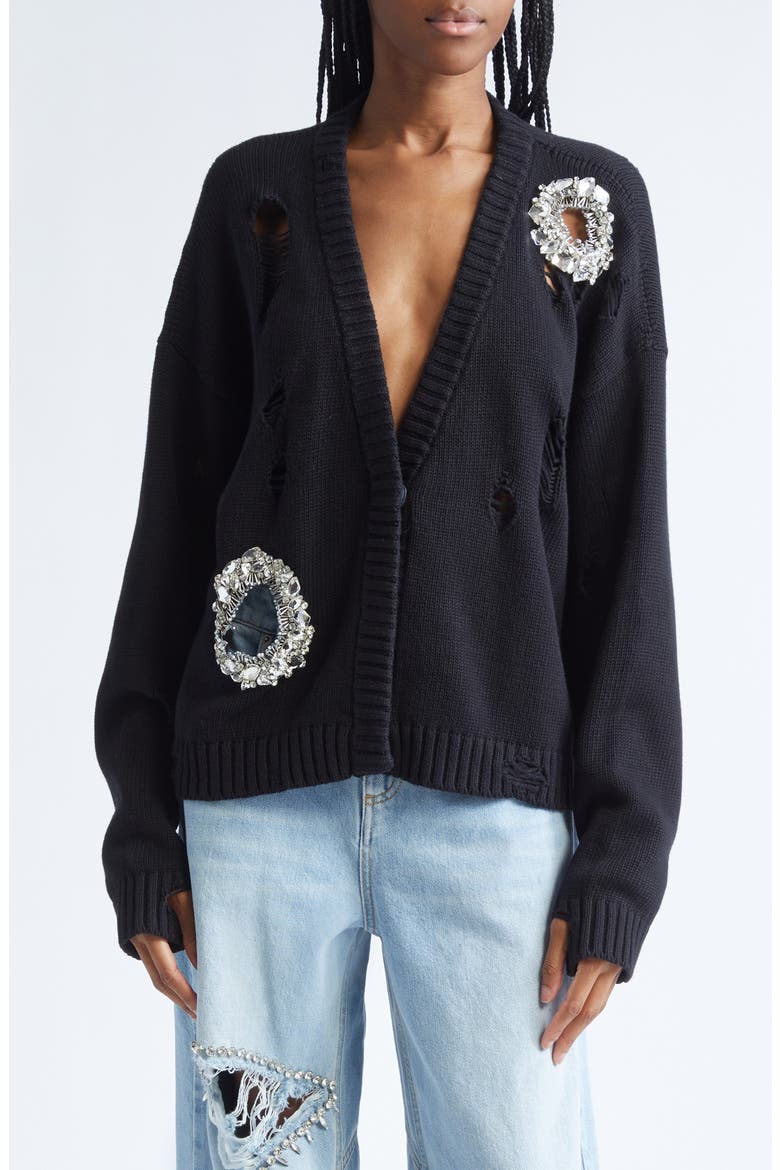 Distressed Crystal Cotton & Cashmere Cardigan, Main, color, BLACK