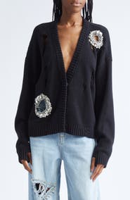 Area Distressed Crystal Cotton & Cashmere Cardigan
