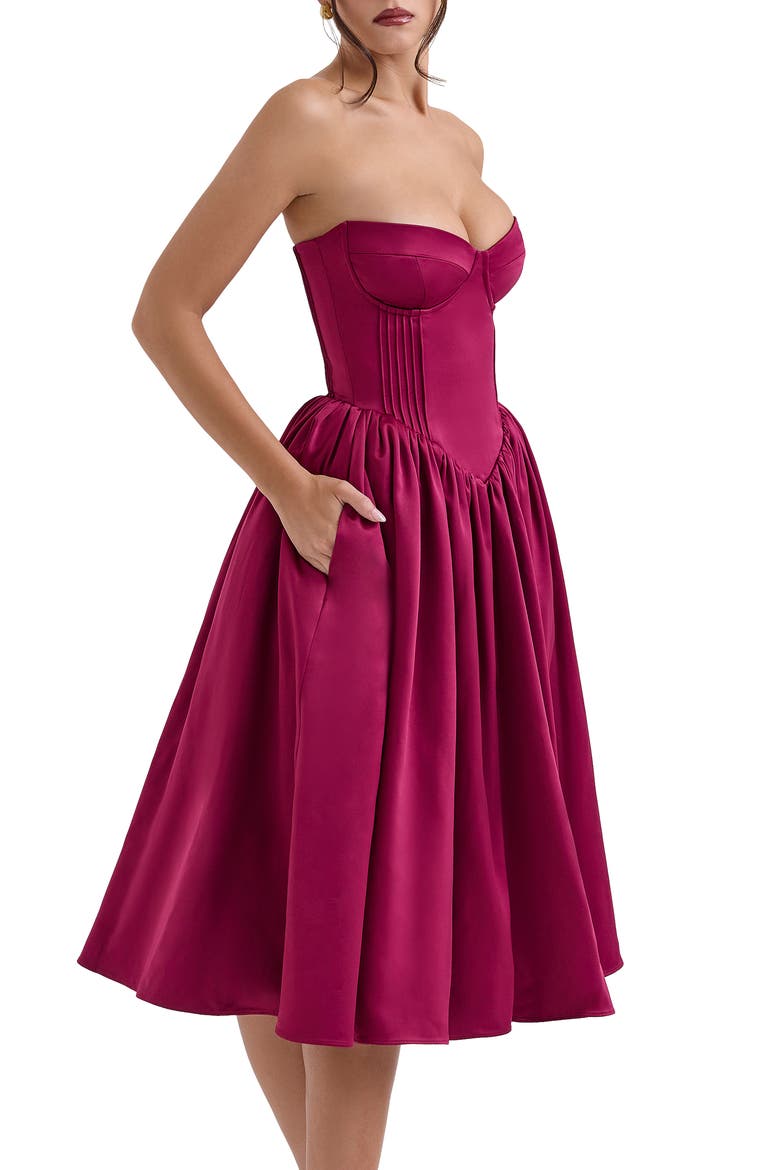 Coco Strapless Corset Midi Dress, Alternate, color, BEET RED