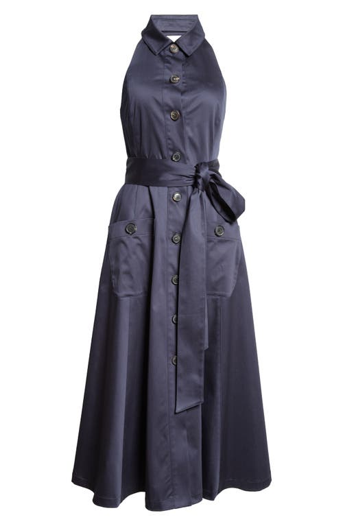 Carolina Herrera Halter Neck Belted Stretch Cotton Sateen Shirtdress In Midnight