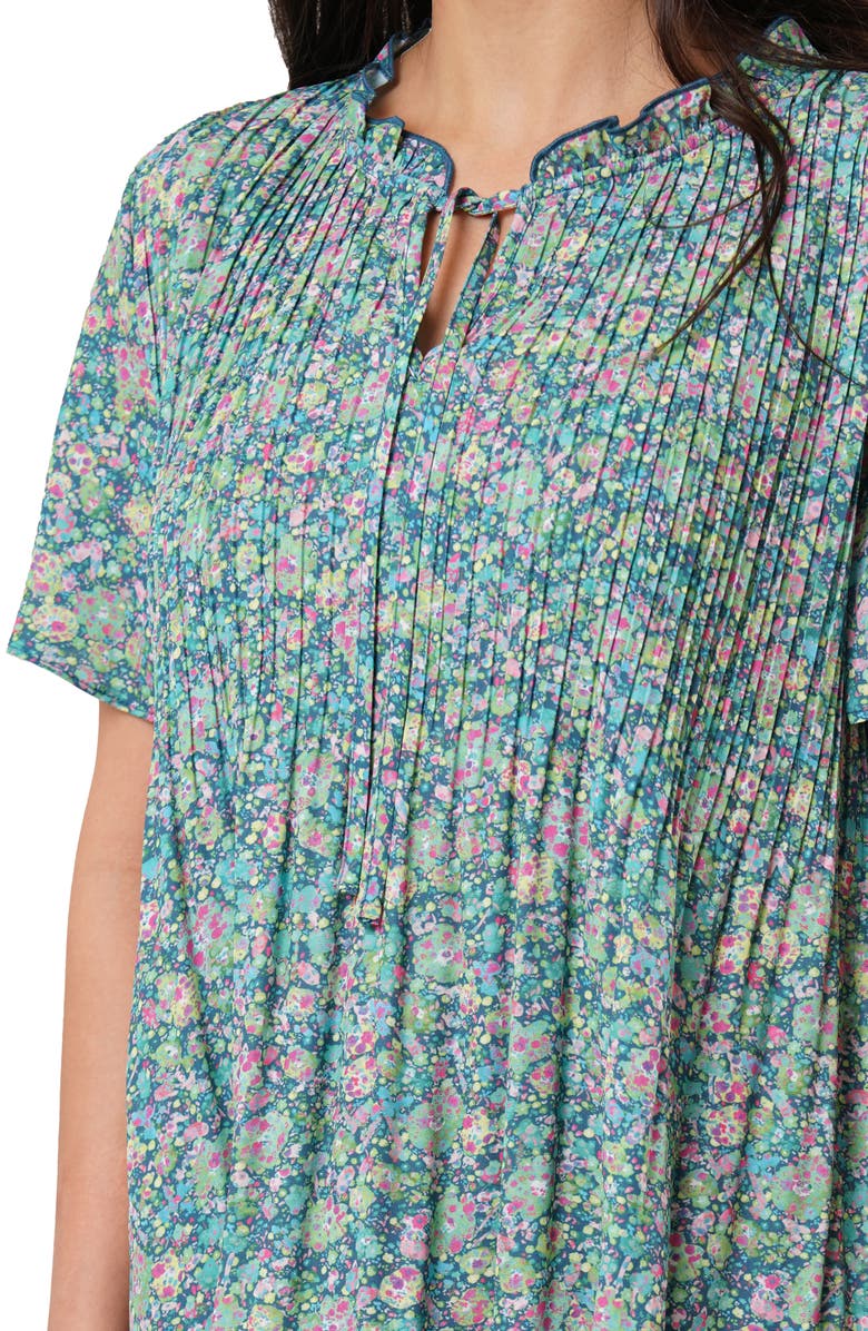 SUNNY LEIGH Ruffle Pleated Tie Neck Short Sleeve Top, Alternate, color, Juniper