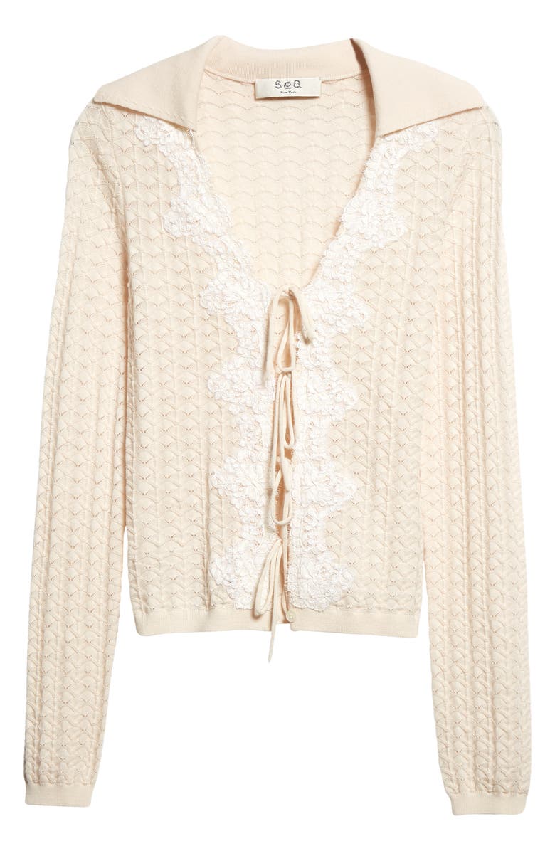 Sea Kyra Pointelle Tie Front Wool Cardigan, Alternate, color, 