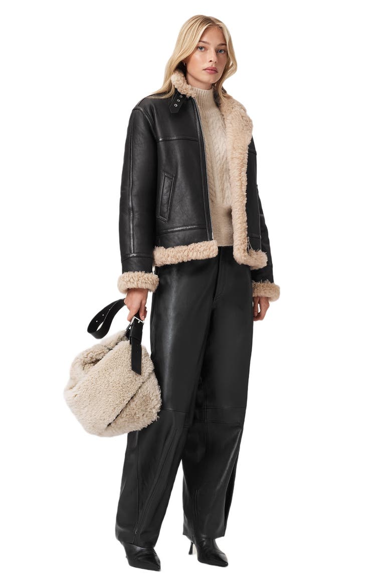 Lorel Leather & Genuine Shearling Flying Jacket, Alternate, color, BLACK/ NATURAL