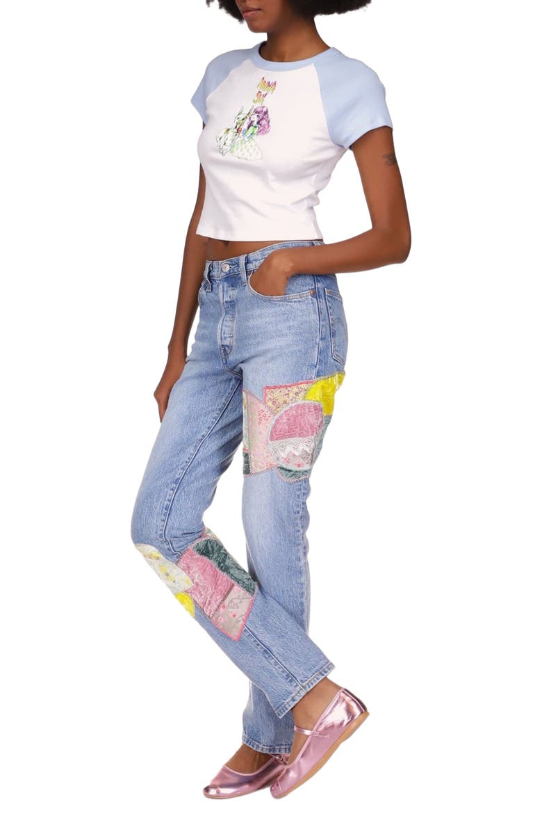 Anna Sui Micro Ribbed Raglan Baby Tee, Main, color, Baby Blue/White