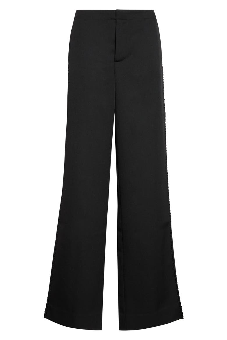 Trine Side Embroidered Wool Wide Leg Pants, Main, color, BLACK