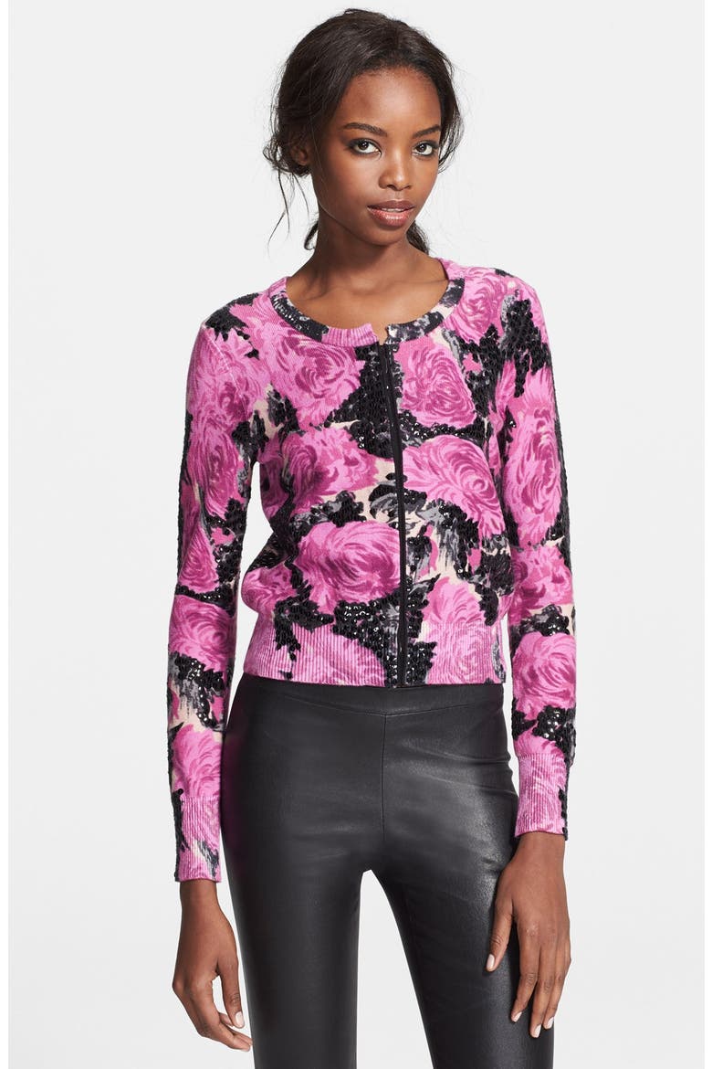 Embellished Floral Print Cardigan, Main, color, FUCHSIA MUMS