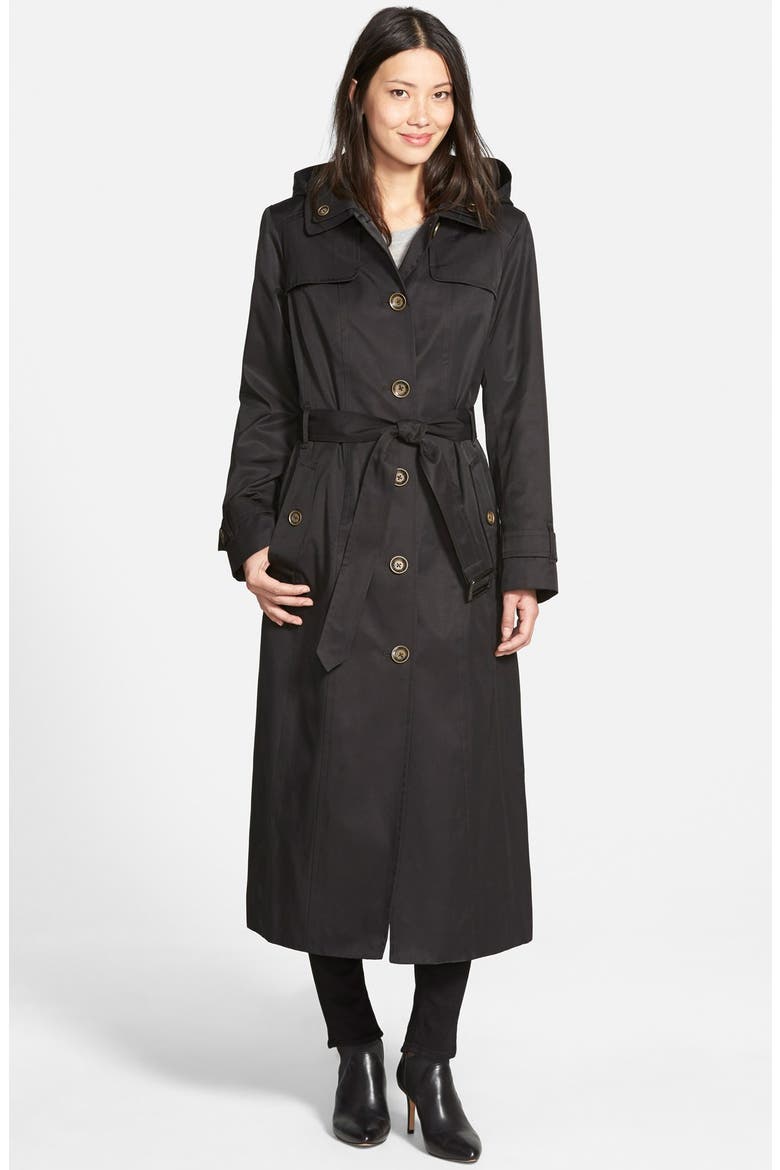Single Breasted Long Trench Coat with Detachable Hood, Main, color, BLACK