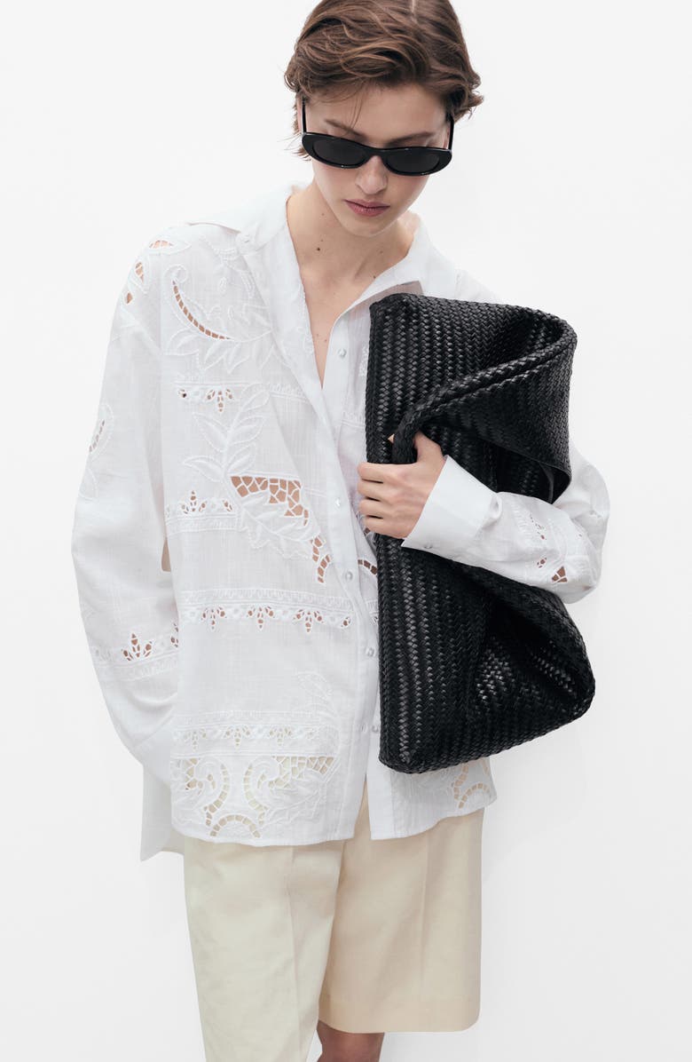 MANGO Para Guipure Lace Cotton Button-Up Shirt, Alternate, color, Off White