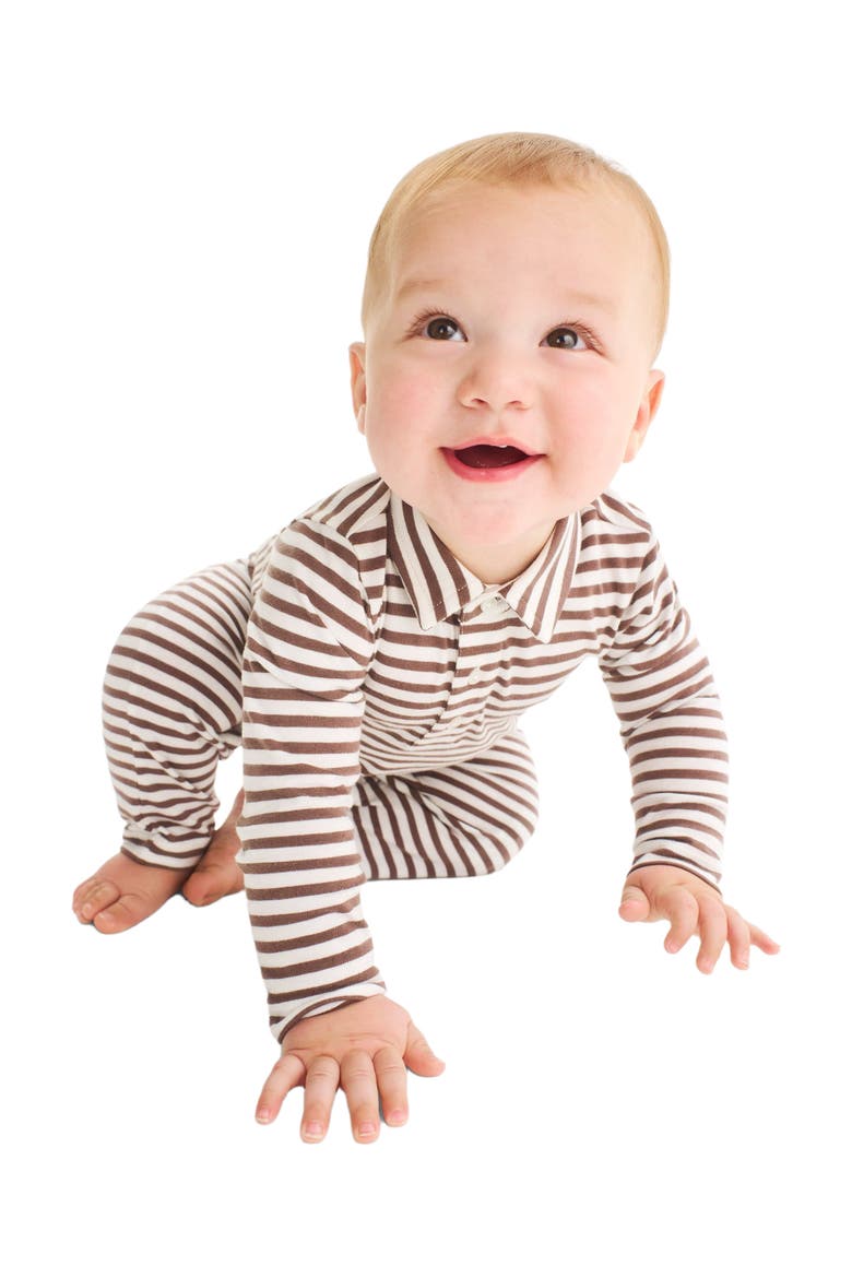 Baby Long Sleeve Polo Romper In Mini Stripe, Alternate, color, Ivory Acorn Stripe