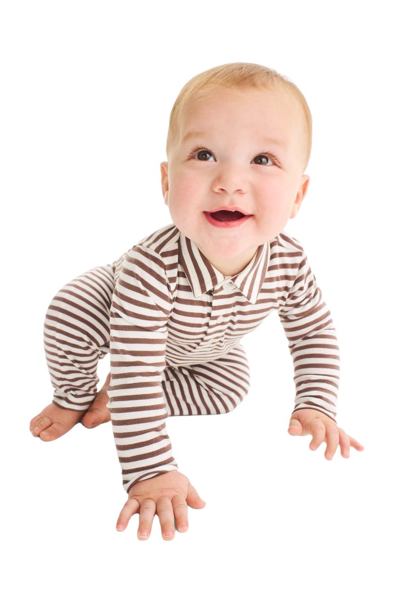 Primary Baby Long Sleeve Polo Romper In Mini Stripe, Alternate, color, Ivory Acorn Stripe