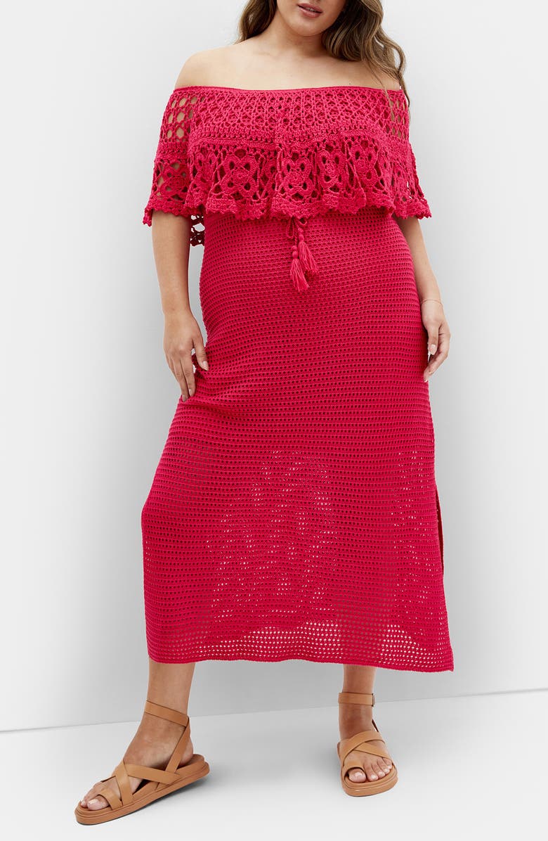 City Chic Callie Open Stitch Tie Waist Off the Shoulder Maxi Dress, Main, color, Raspberry