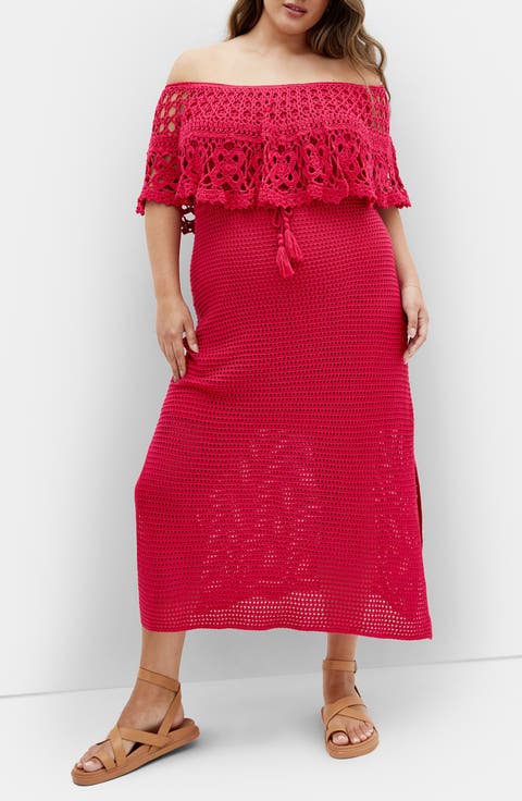 Callie Open Stitch Tie Waist Off the Shoulder Maxi Dress (Plus)