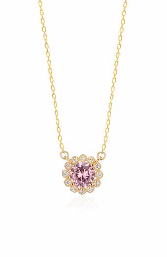 14K Gold Plated Sterling Silver Pink Sapphire & CZ Flower Pendant Necklace