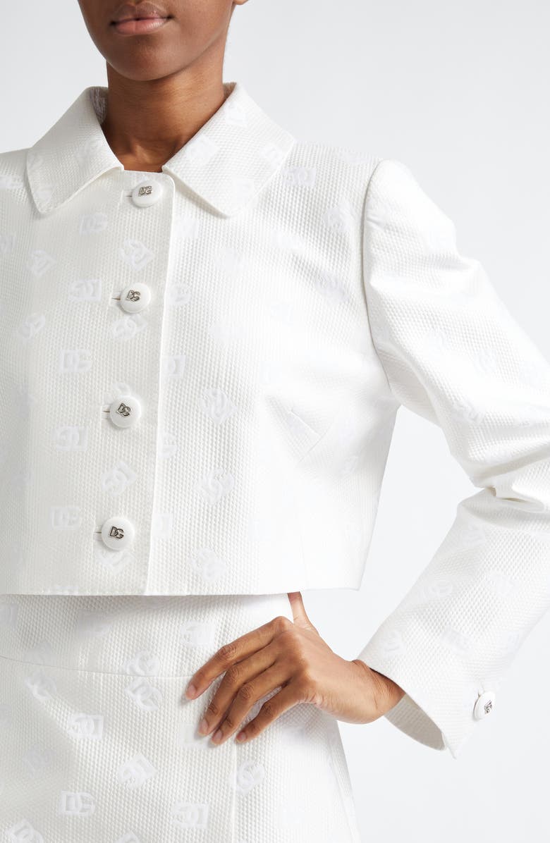 Dolce&Gabbana DG Logo Quilted Jacquard Crop Jacket, Alternate, color, White