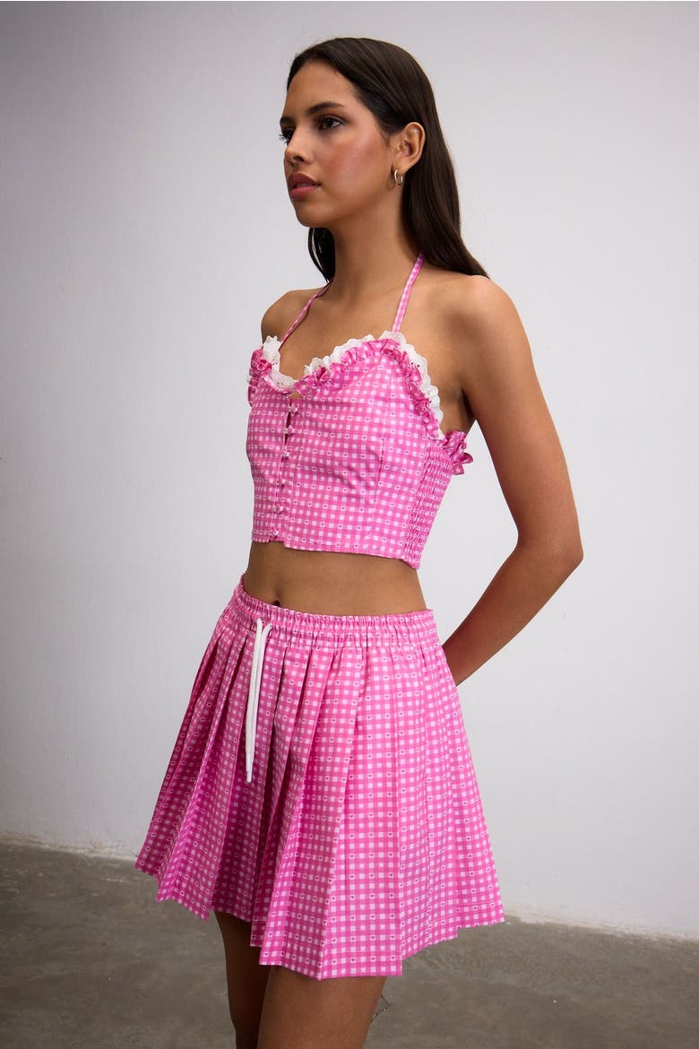 Sweetheart Gingham Crop Bustier Top With Lace Trim, Alternate, color, Pink