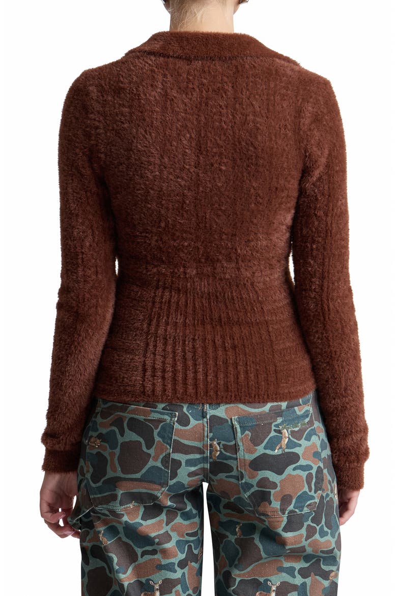 Mixed Pointelle Sweater with Fuzzy Collar, Alternate, color, RUSSET
