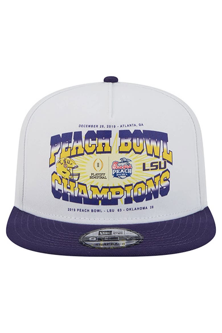 Men's New Era White/Purple LSU Tigers Retro 2019 Peach Bowl Champions 9FIFTY A-Frame Snapback Hat, Alternate, color, White